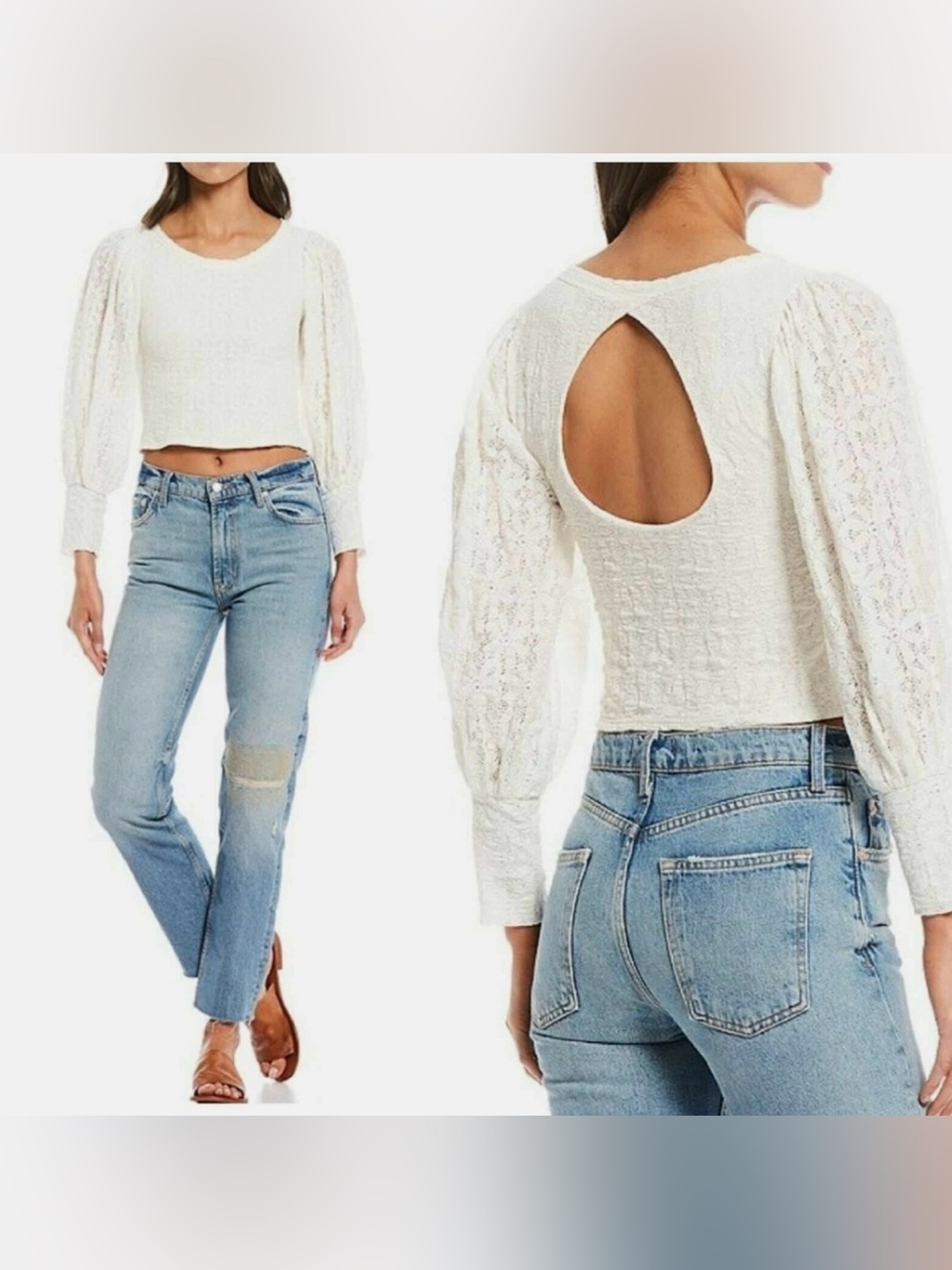 Free People Tea Time Long Puff Sleeve floral lace Stretch Crop Top